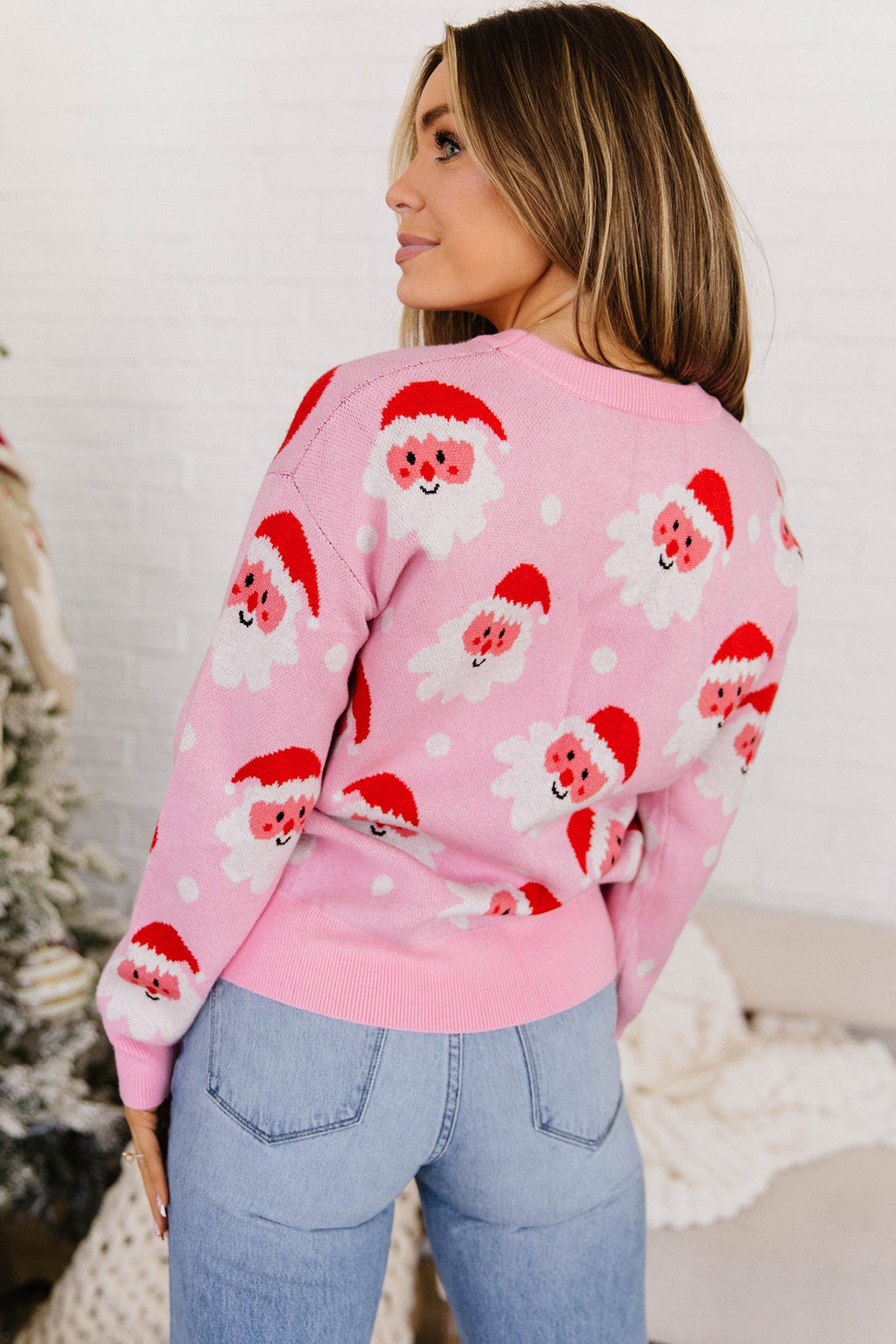 Pink Cartoon Santa Pattern Round Neck Dropped Shoulder Sweater