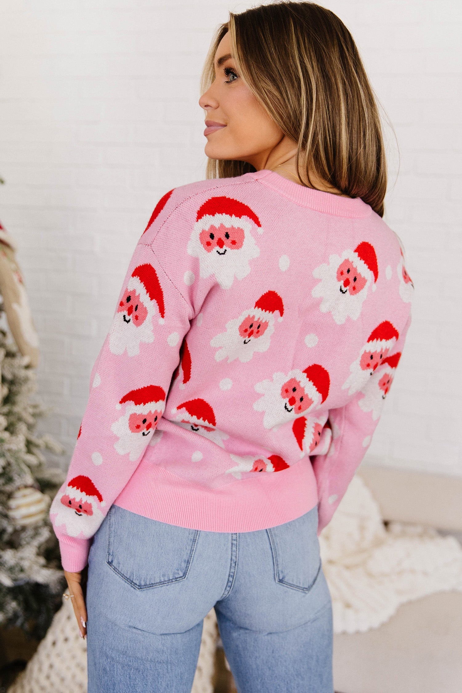 Pink Cartoon Santa Pattern Round Neck Dropped Shoulder Sweater