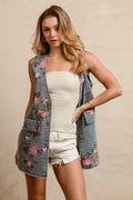 Floral Print Long Denim Vest
