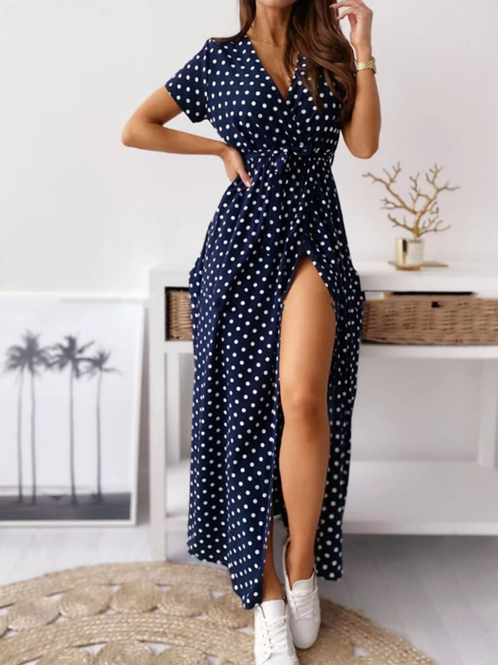 Polka Dot Surplice Maxi Dress with Slit