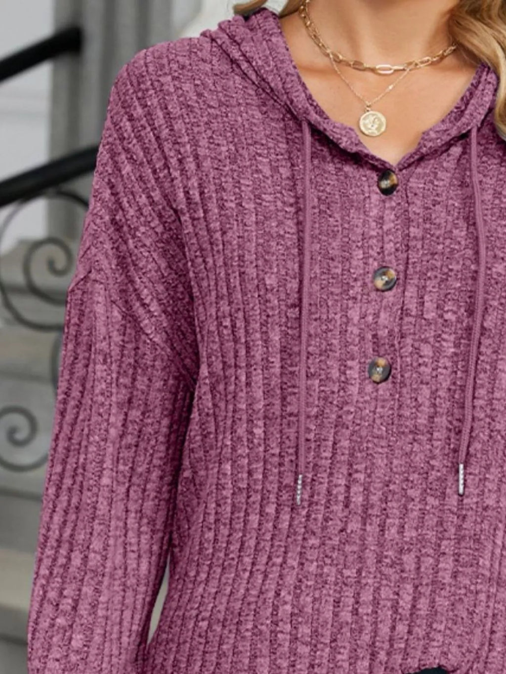 Ribbed Knit Drawstring Long Sleeve Hoodie