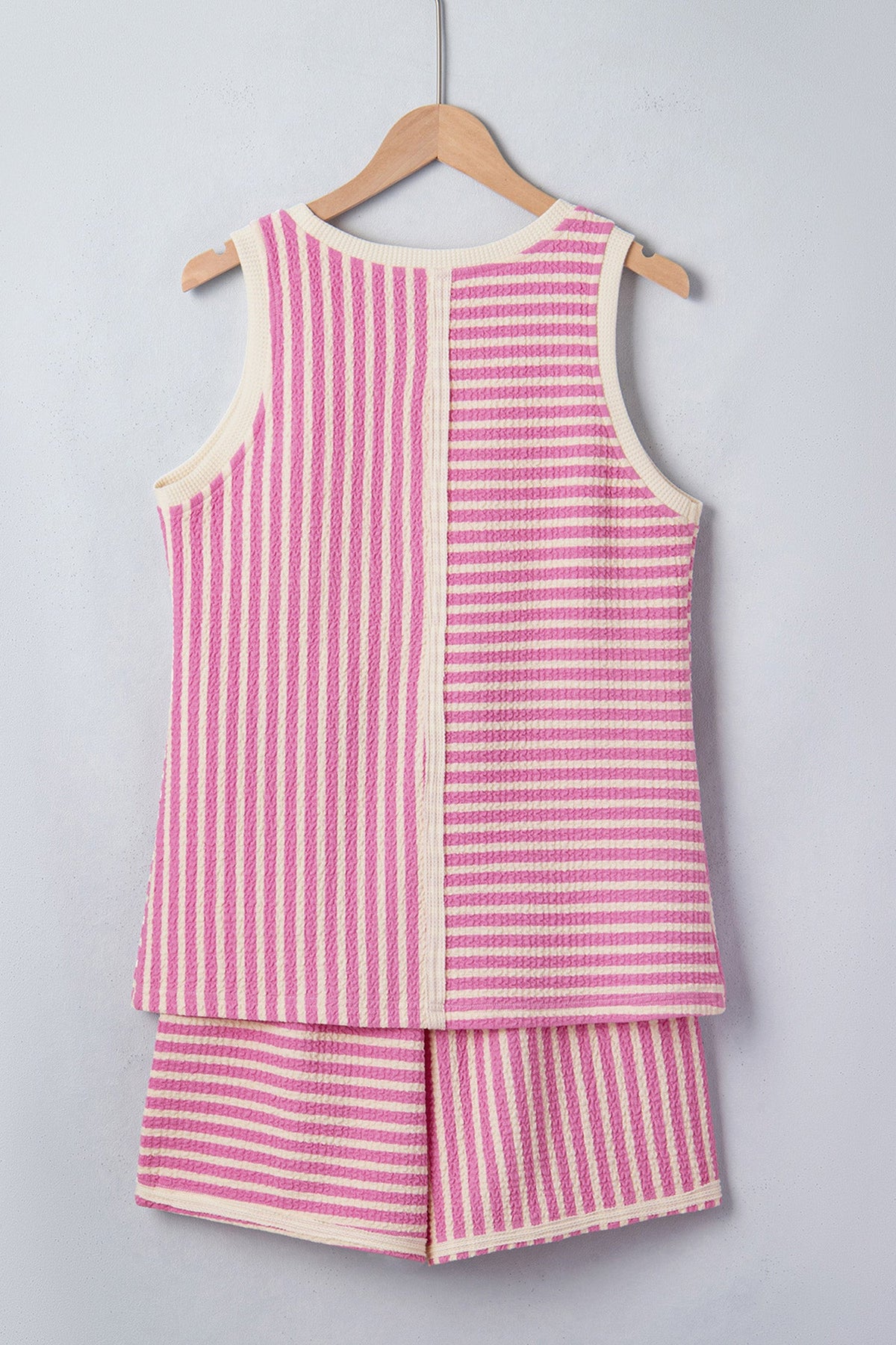Stripe Contrast Trim Textured Tank & Shorts Set