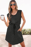 Black Stripe Drawstring Tunic Tank Mini Dress with Pockets