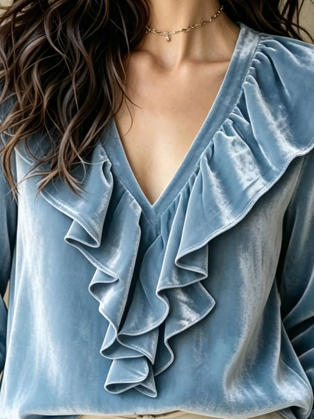 Ruffled V-Neck Long Sleeve Blouse