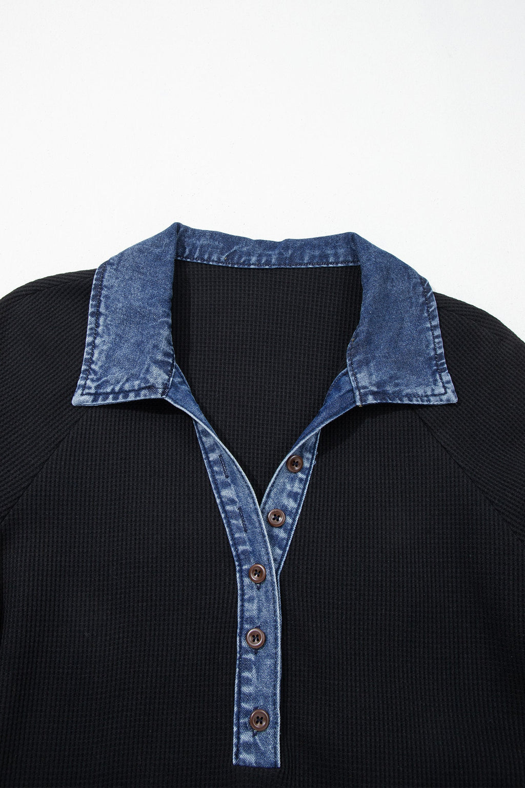 Denim Polo Collar Waffle Knit Patchwork Top
