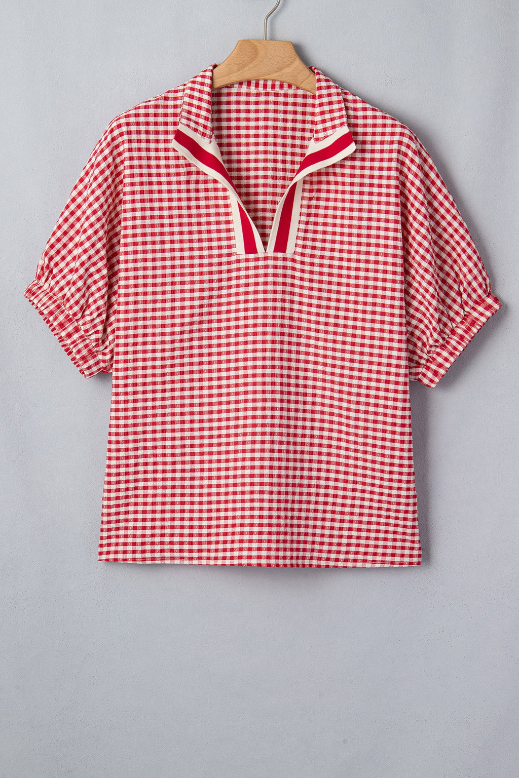 Green Plaid Short Sleeve Colorblock Trim Split Neck Blouse