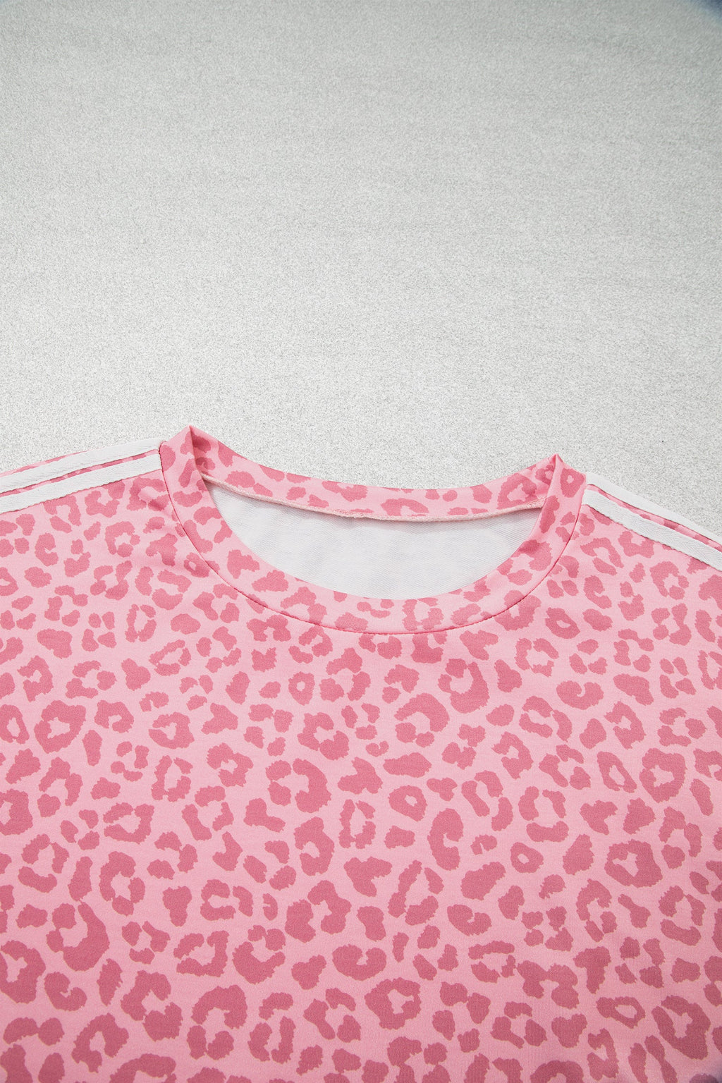 Pink Leopard Print Varsity Striped Detail 3/4 Sleeve Top Shift Pant Set