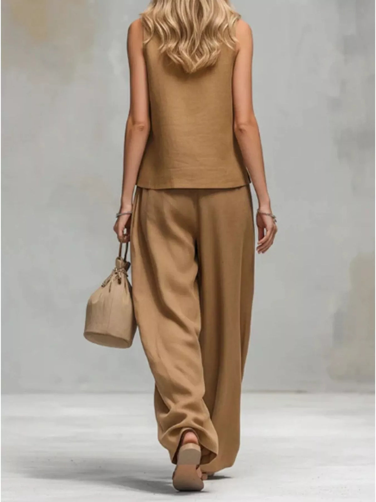 Sleeveless Button-Down Top and Wide-Leg Pant Set