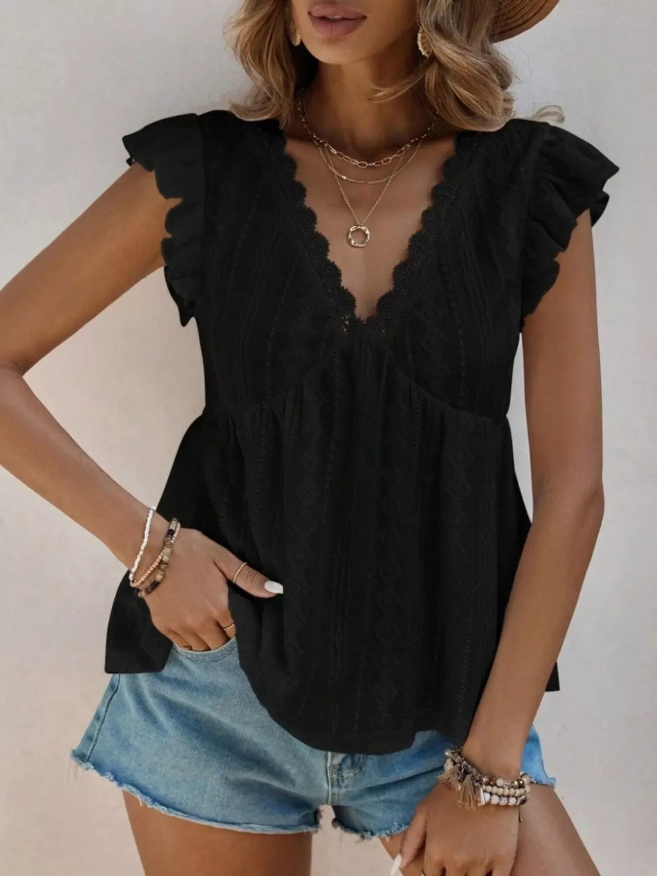 Ruffle Sleeve V-Neck Blouse
