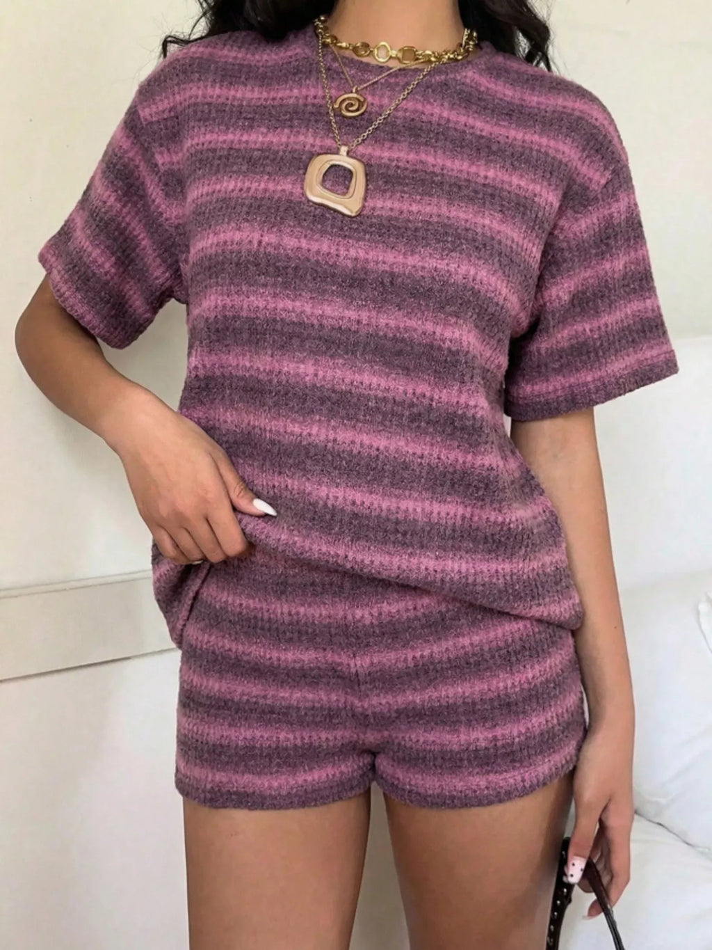 Striped Textured Knit Top and Shorts Set