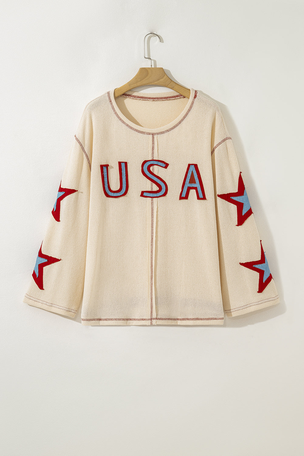 Beige USA Star Contrast Patchwork Exposed Seam Long Sleeve Top