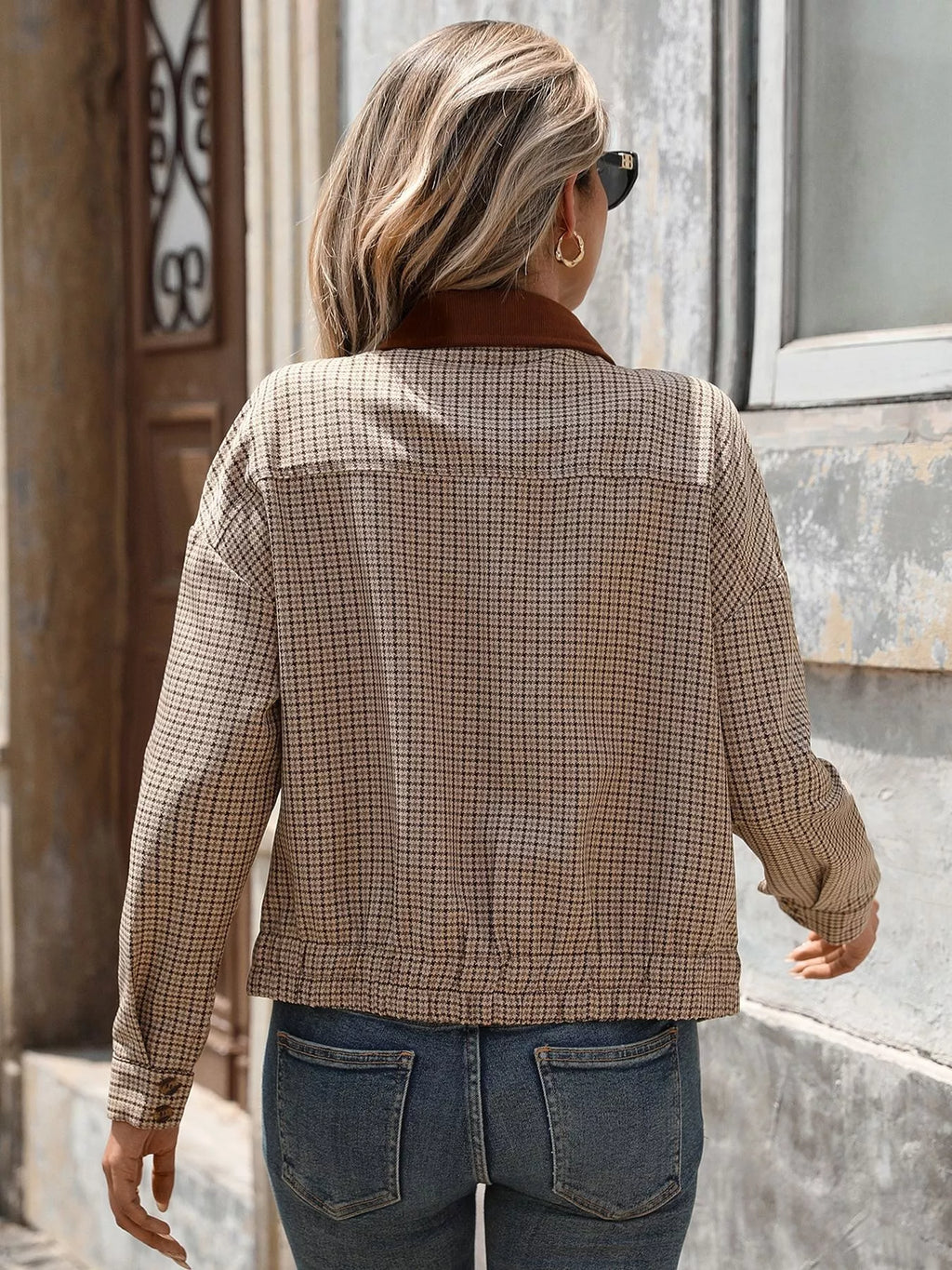 Plaid Zip Up Long Sleeve Jacket with Pockets – Brown
