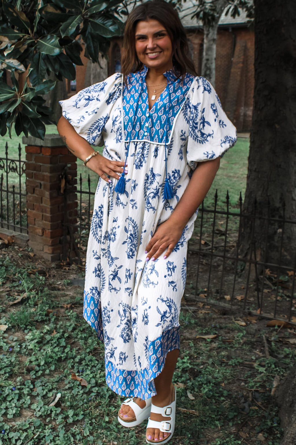 Sky Blue Boho Abstract Print Contrast Trim V Neck Tassel Tie Dress
