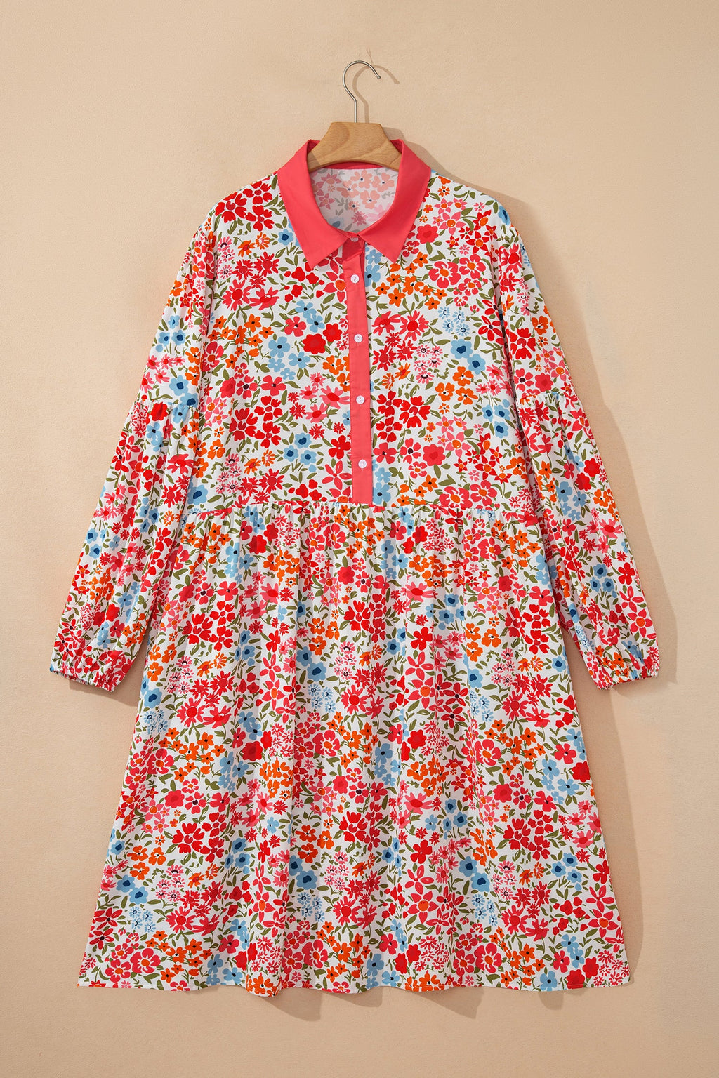 Pink Plus Size Button V Neck Leopard Print Puff Sleeve Loose Mini Dress