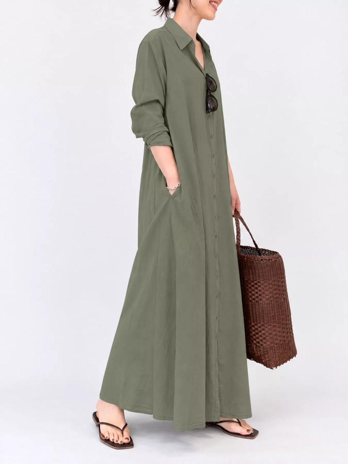 Full Size Button Front Long Sleeve Maxi Shirt Dress Plus Size