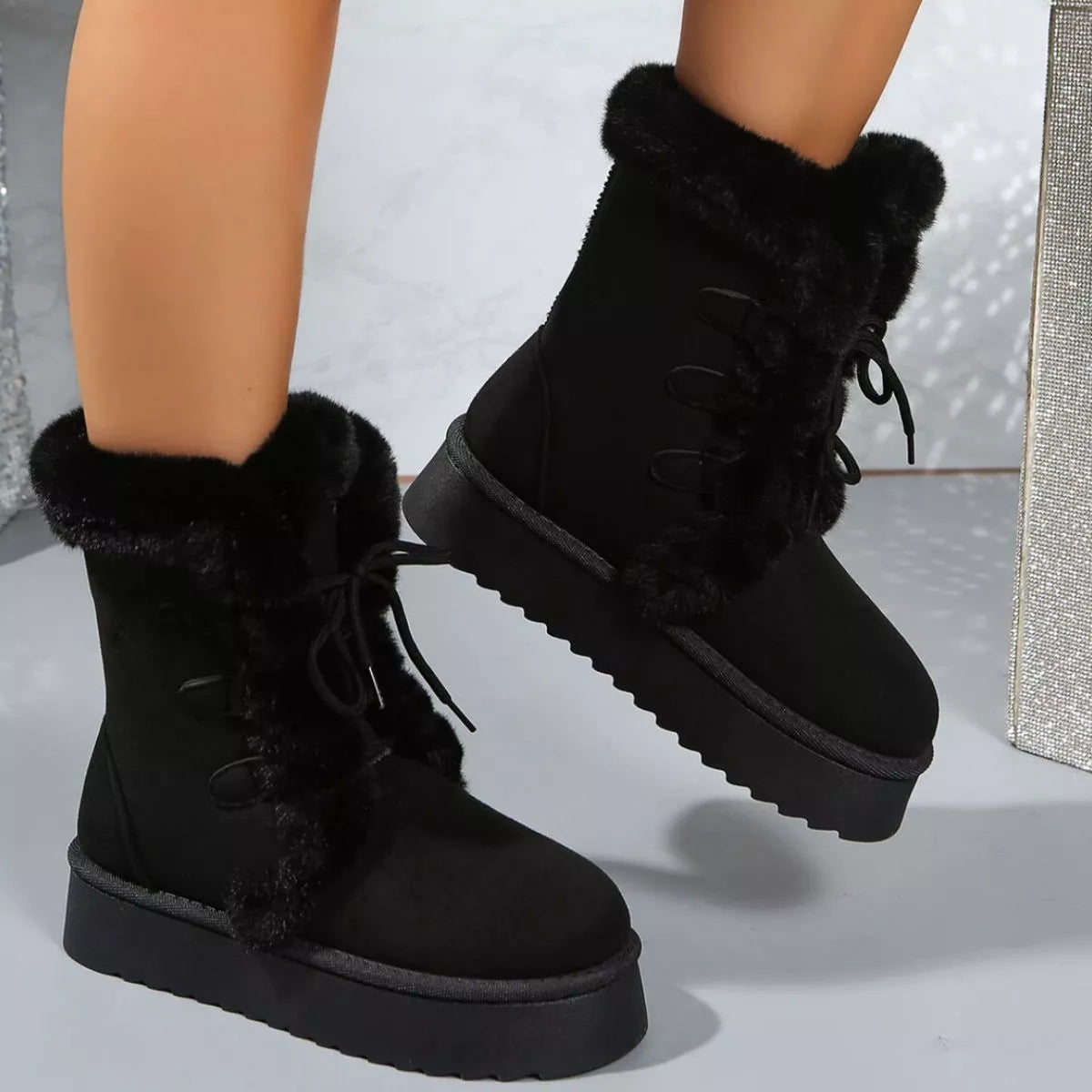 Fuzzy Trim Lace-Up Platform Boots