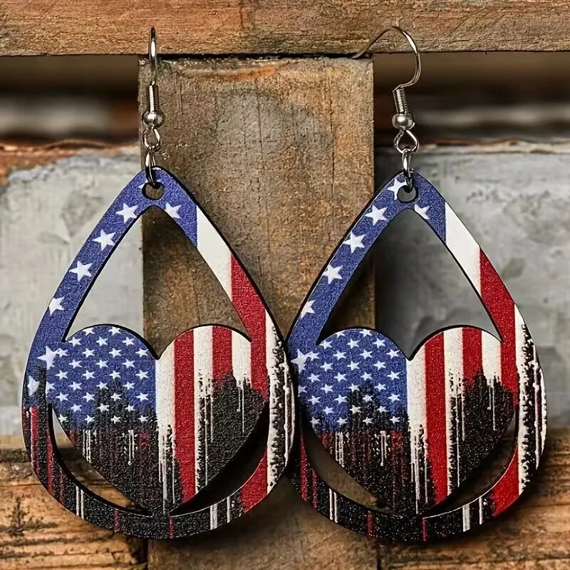 US Flag Pattern Wooden Drop Earrings