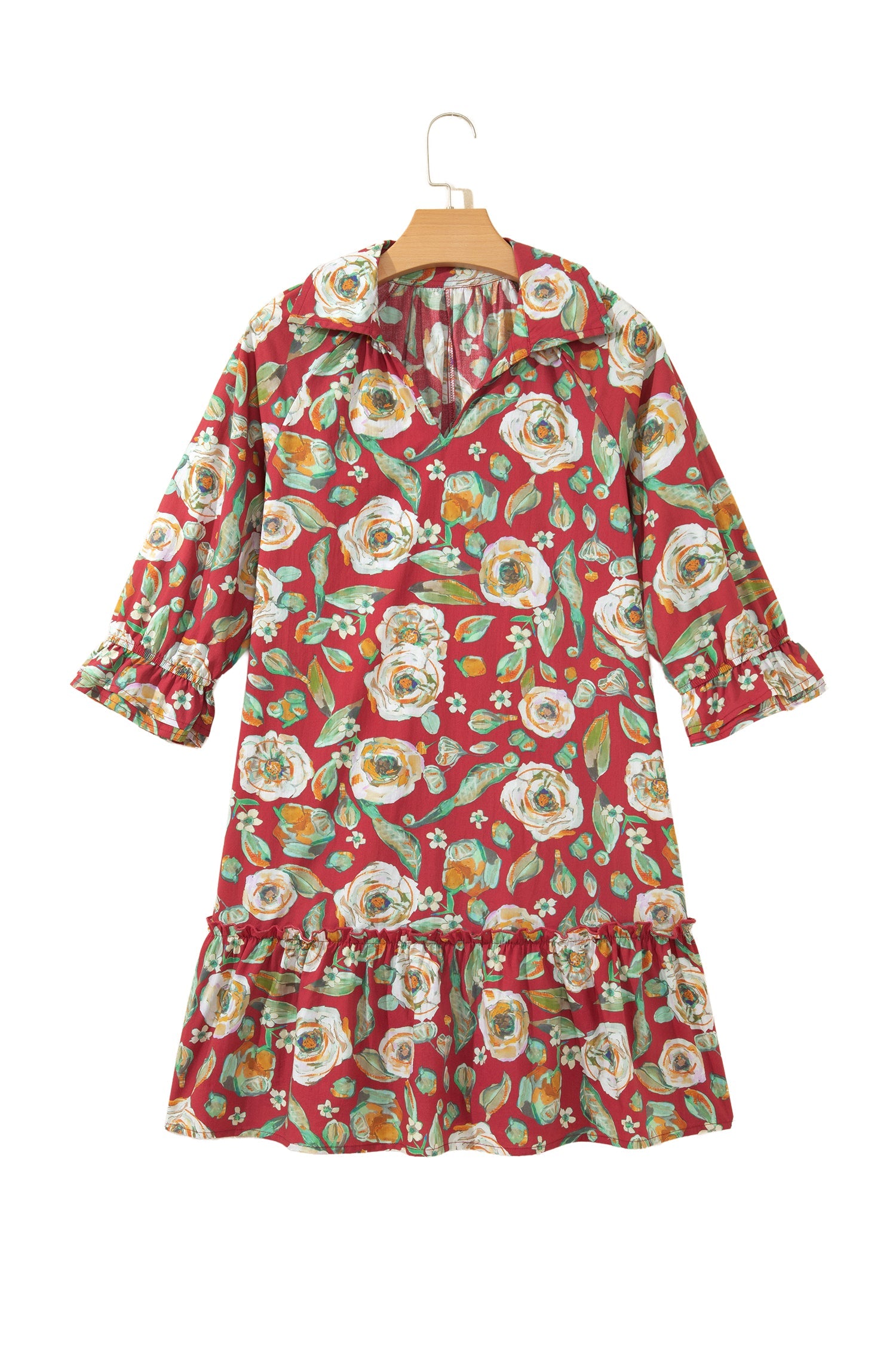 Red Floral Print Half Sleeve Short Shift Dress