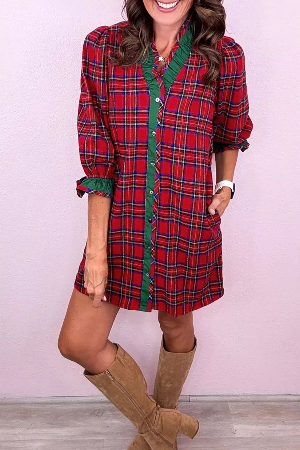 Plaid Ruffle Cuff Button Front Pocket Mini Dress