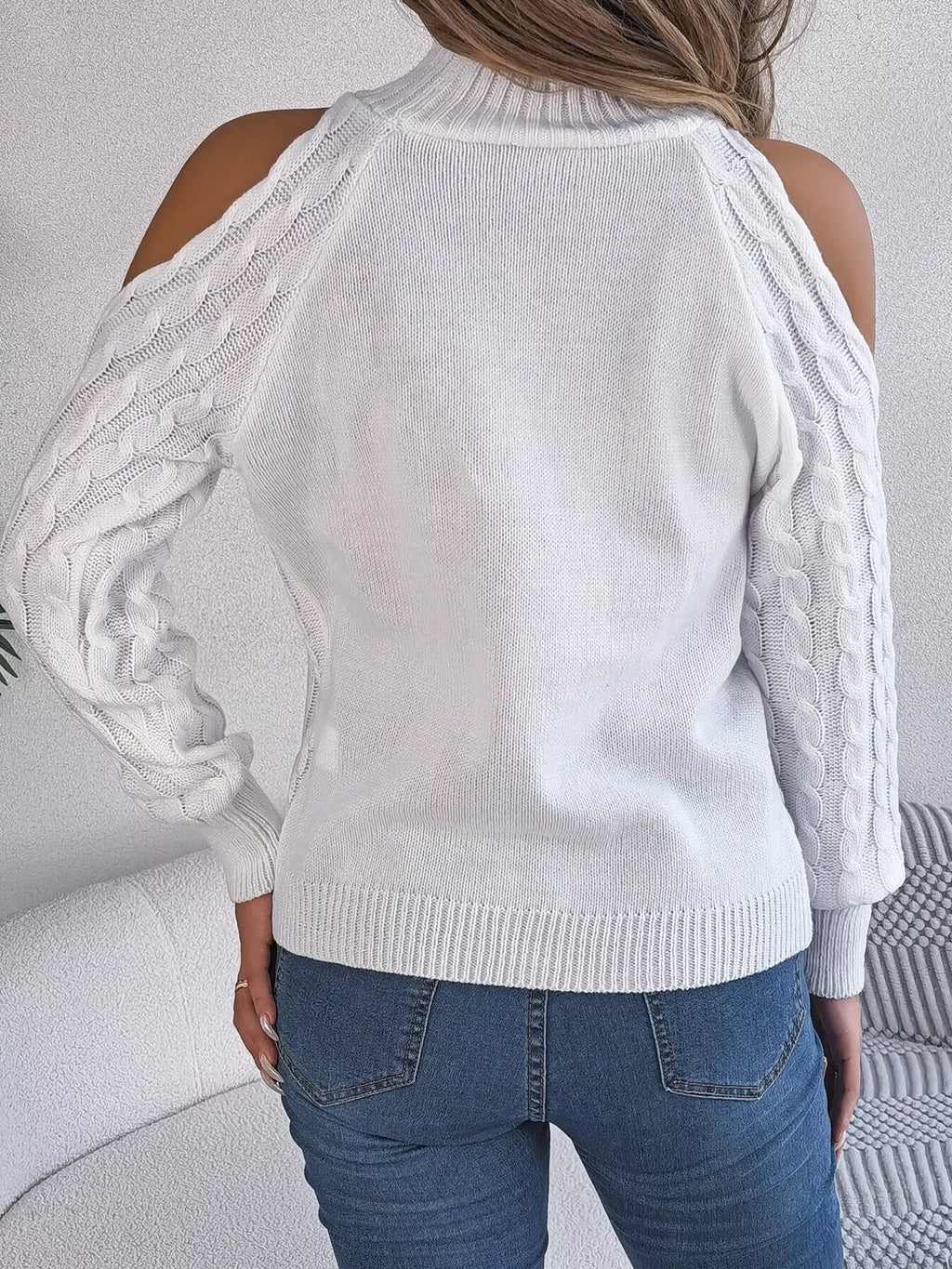 Cold-Shoulder Cable Knit Sweater