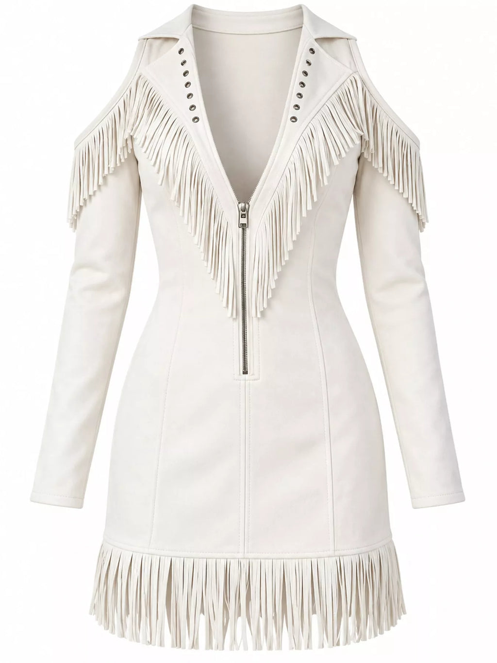 Full Size Fringed Cold-Shoulder Zip-Front Mini Dress Plus Size