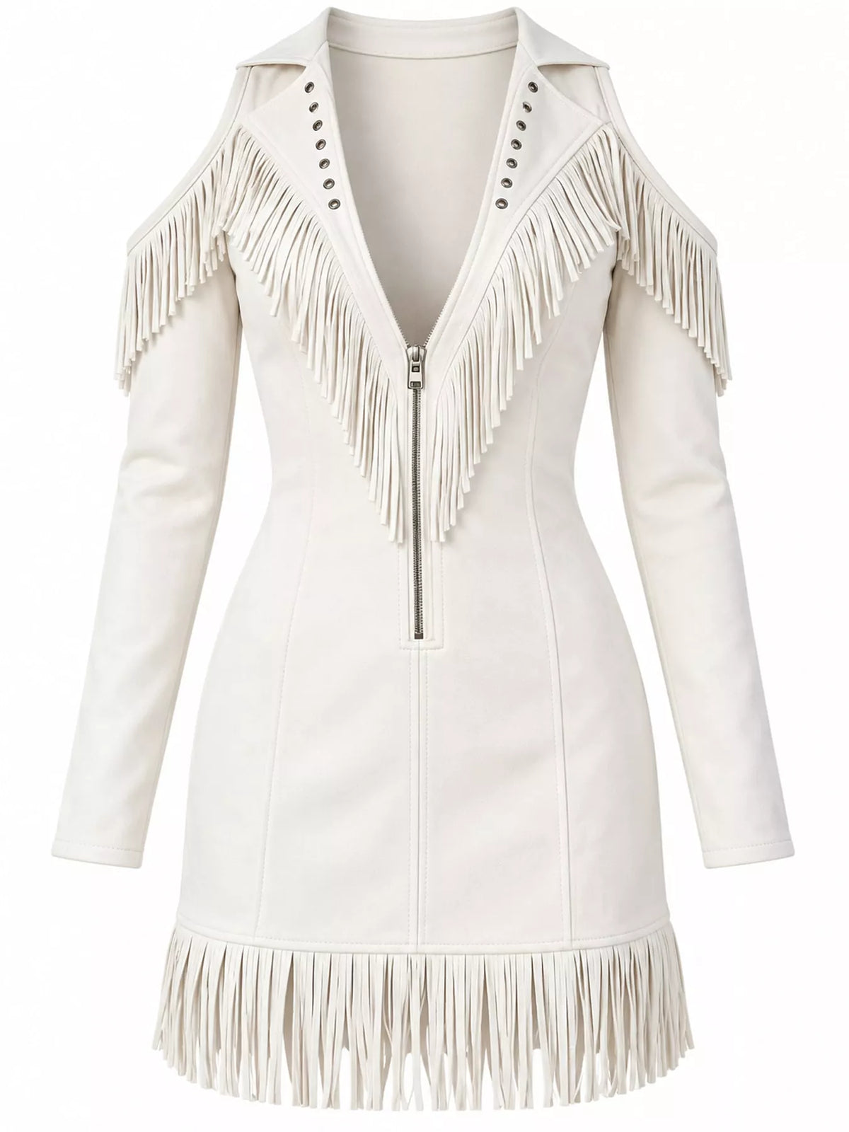 Full Size Fringed Cold-Shoulder Zip-Front Mini Dress Plus Size