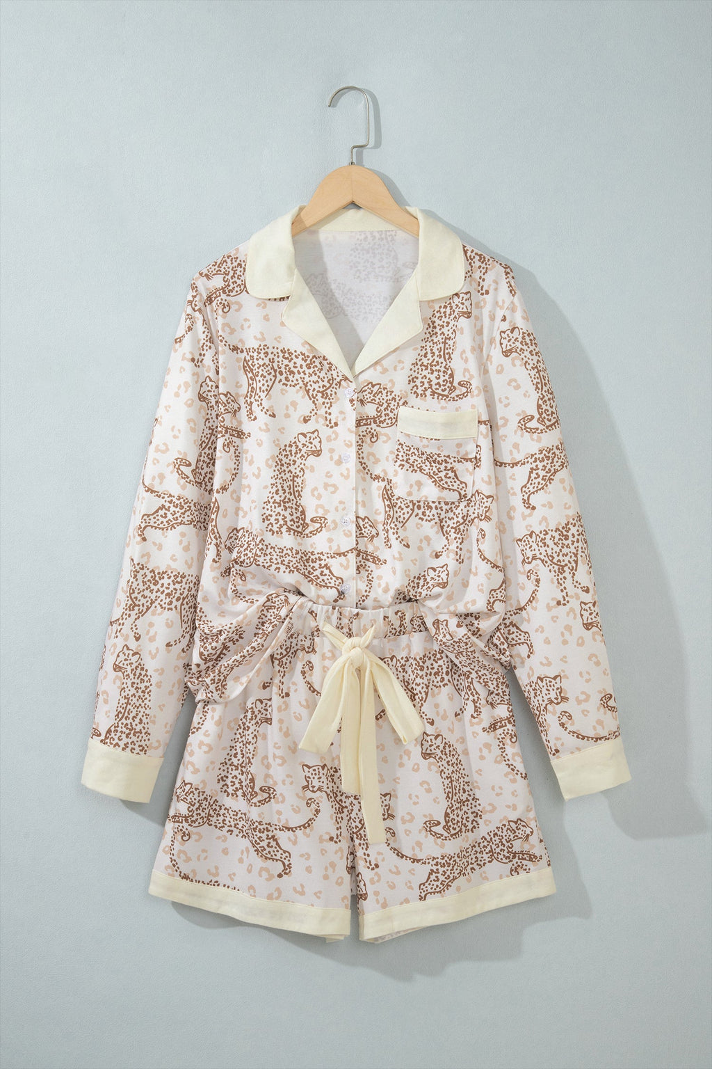 Yellow Leopard Print Colorblock Pocket Placket Long Sleeve Lounge Set