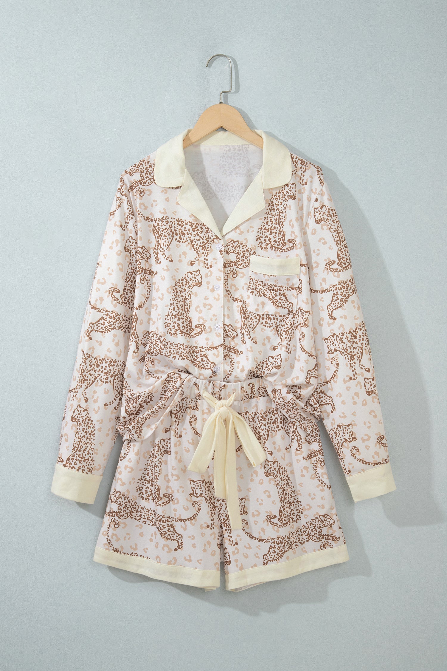 Yellow Leopard Print Colorblock Pocket Placket Long Sleeve Lounge Set