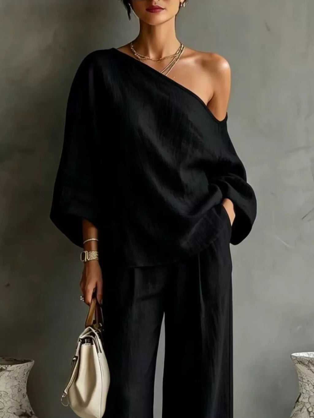 One Shoulder Top and Wide Leg Pants Set