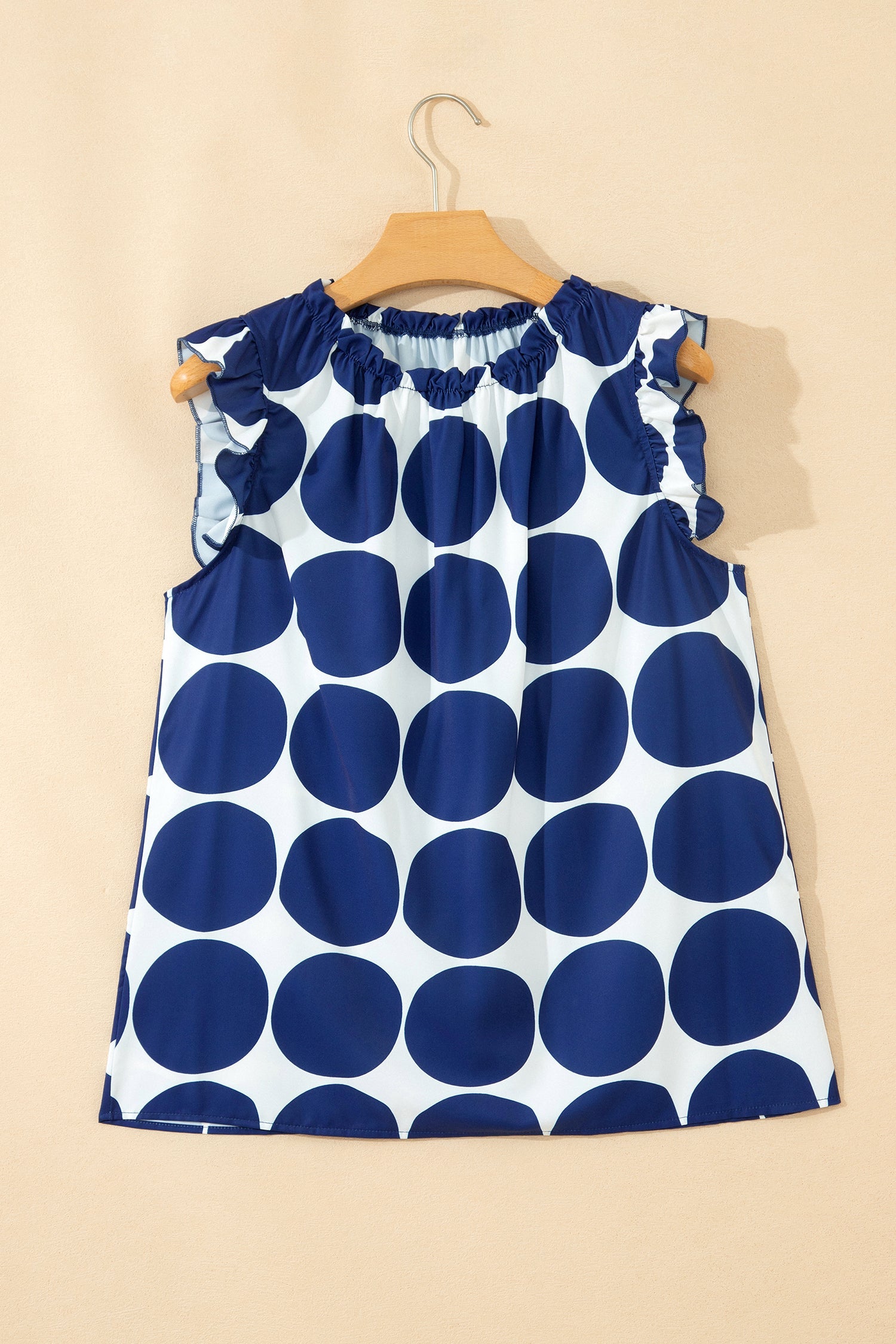 Blue Polka Dot Print Frilled Round Neck Shift Tank Top