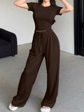 Solid Color Short Sleeve Crop Top and Wide Leg Pants Set