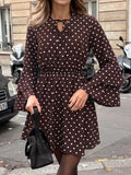 Polka Dot Flare Sleeve Tie Neck Dress