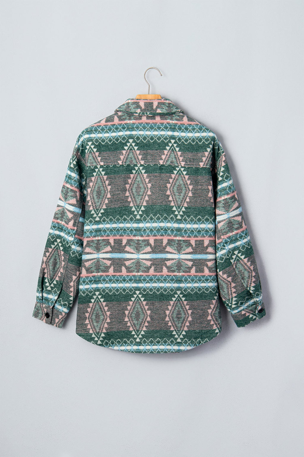Green Geometric Print Button Front Long Sleeve Shacket
