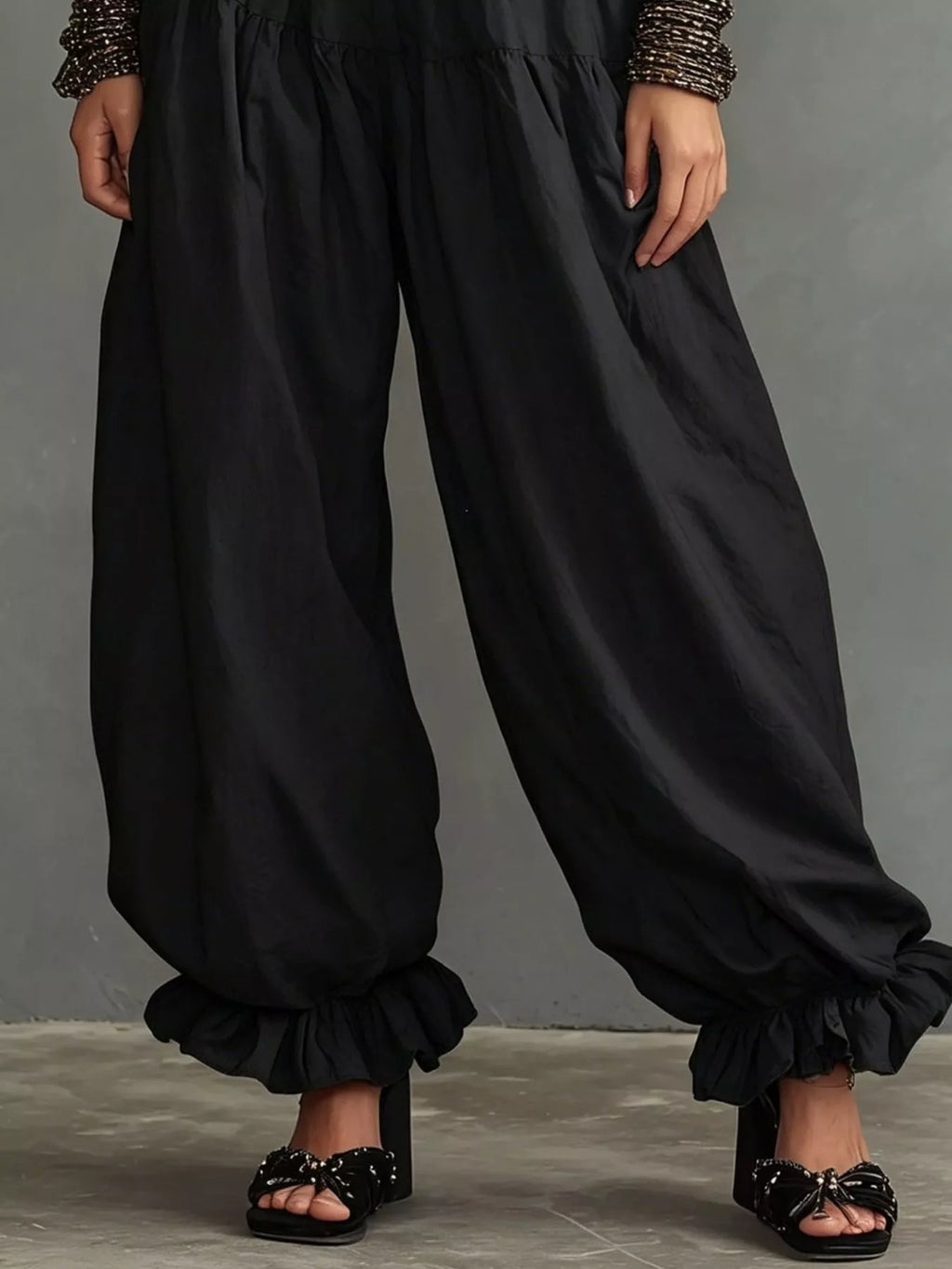 Full Size Smocked Ruffle Hem Wide Leg Pants Plus Size