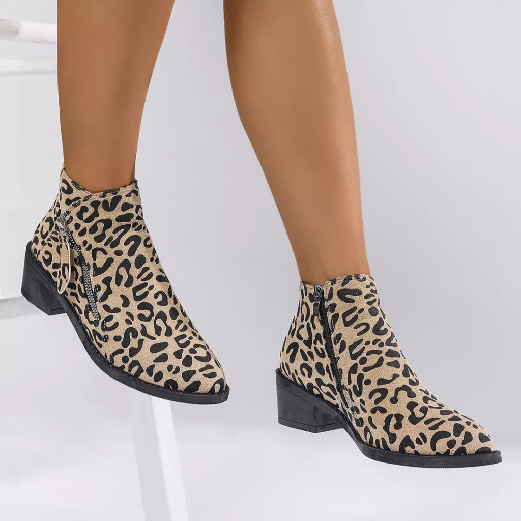 Leopard Block Heel Ankle Boots