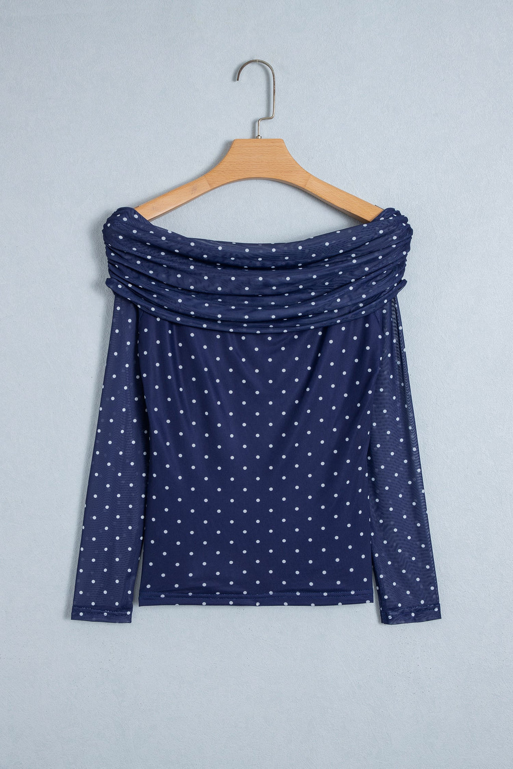 Blue Off Shoulder Polka Dot Mesh Long Sleeve Sheath Top