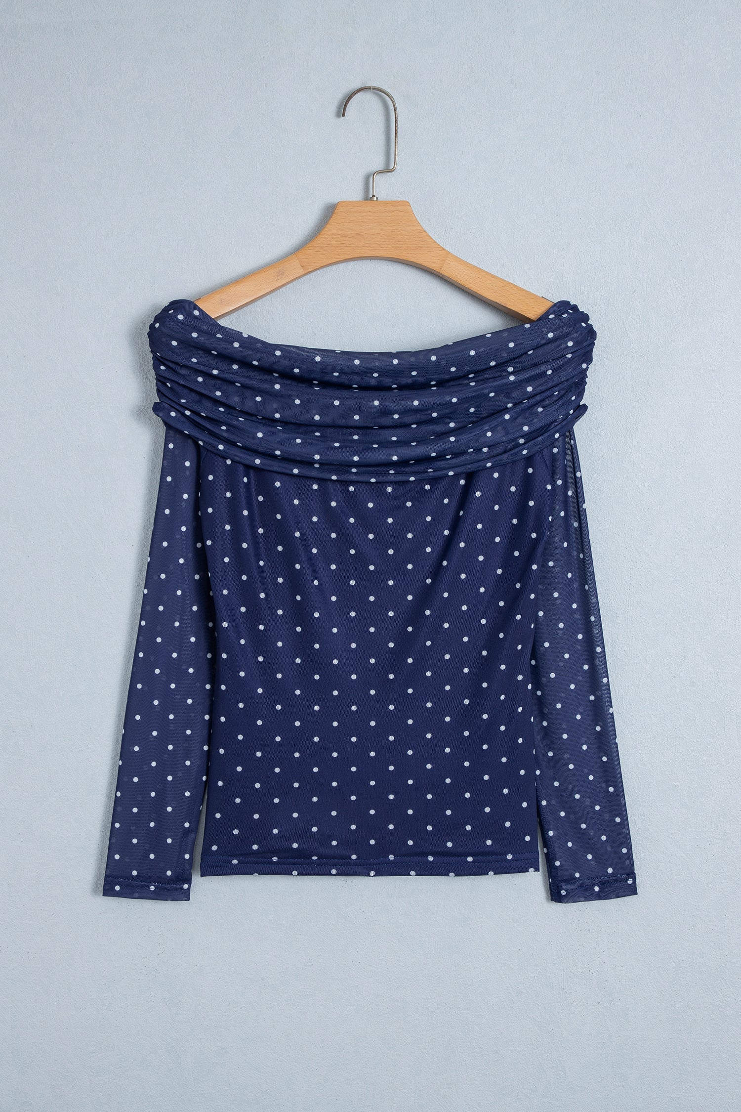 Blue Off Shoulder Polka Dot Mesh Long Sleeve Sheath Top