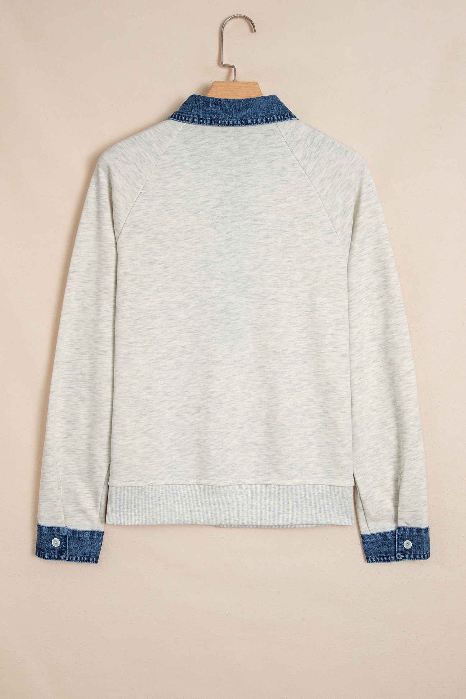 Gray Denim Collar Patchwork Long Sleeve Pullover Top