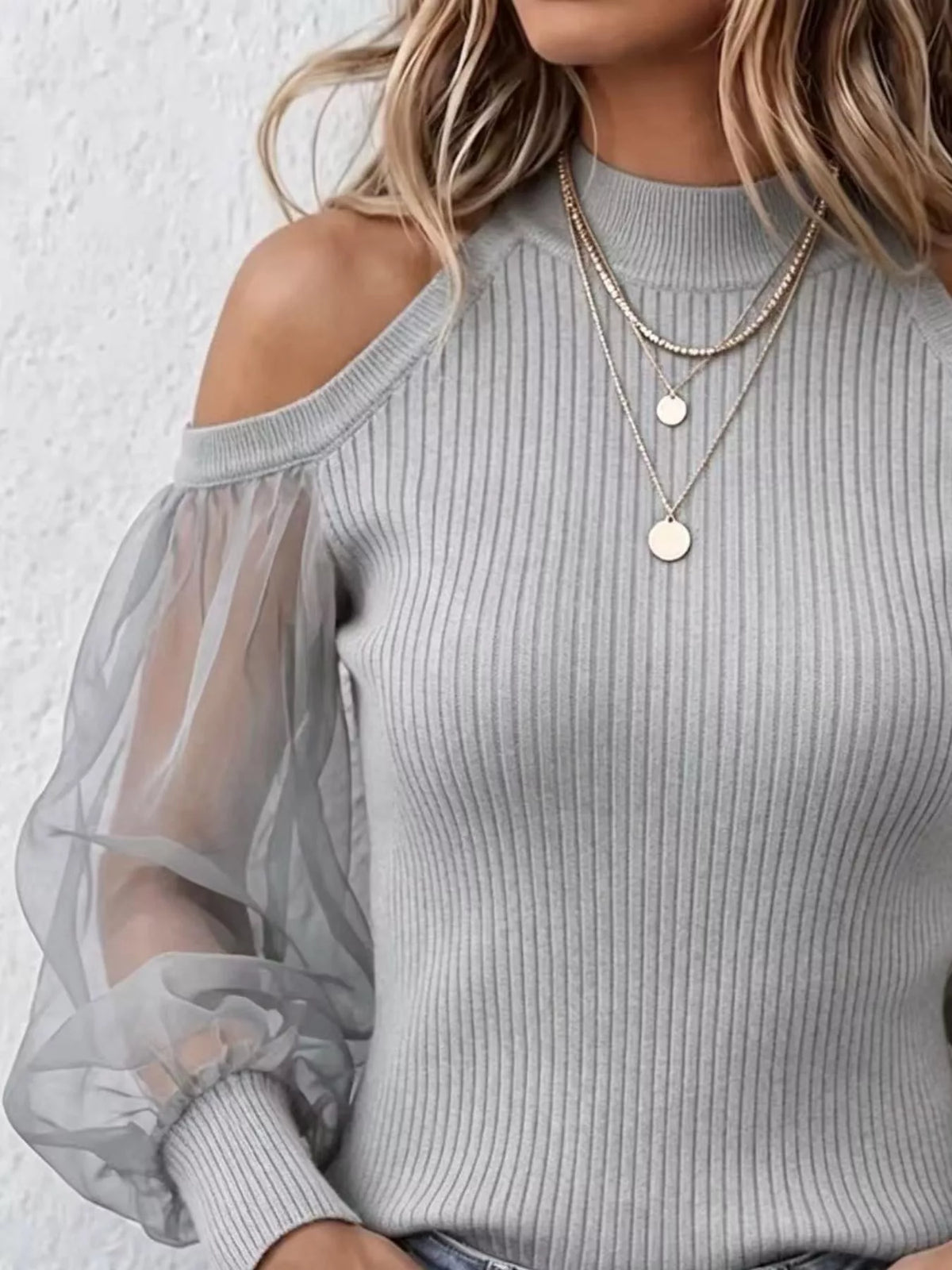 Full Size Cold Shoulder Sheer Mesh Sleeves Top Plus Size