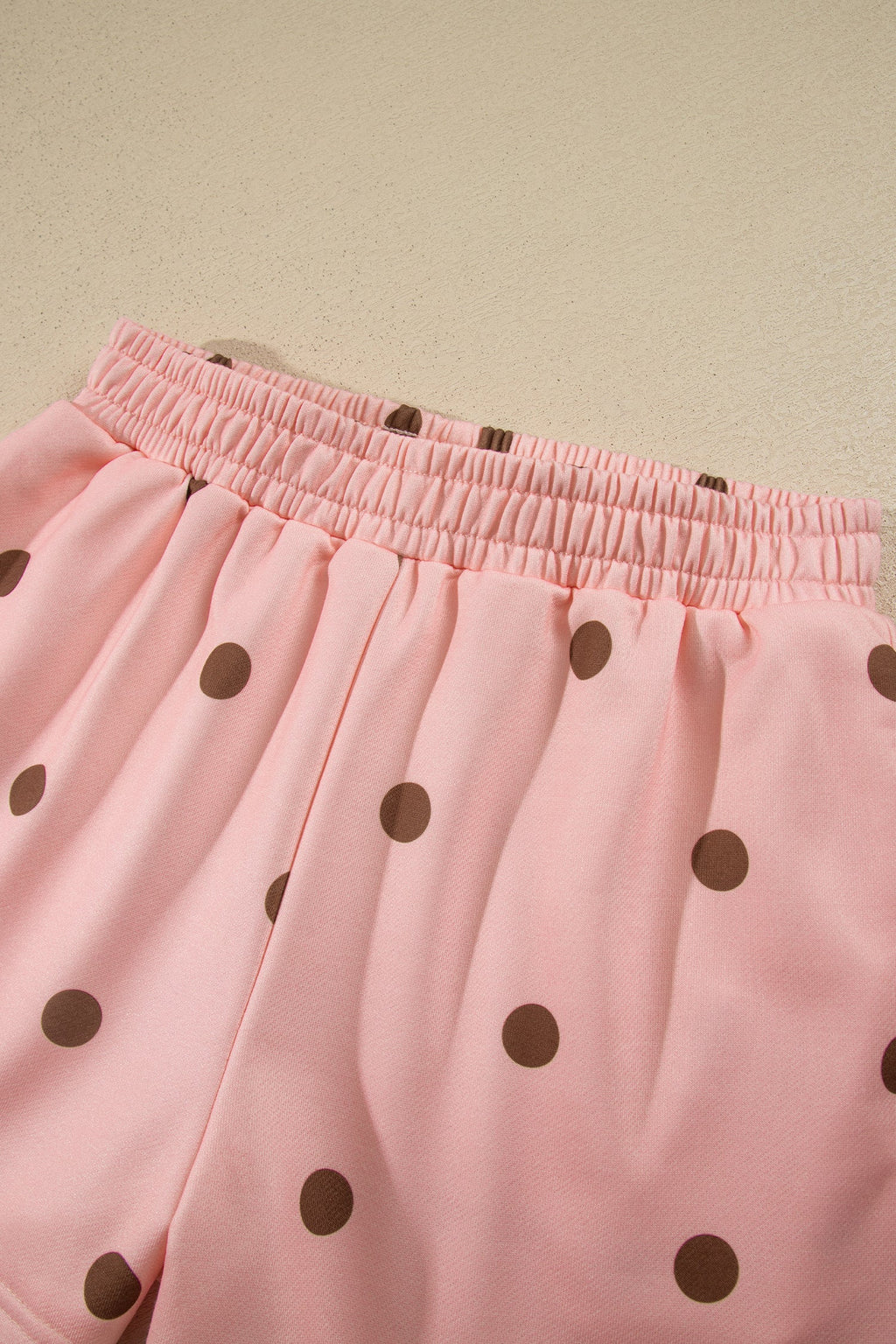 Brown Polka Dot Ribbed Trim Long Sleeve Top Casual Short Set