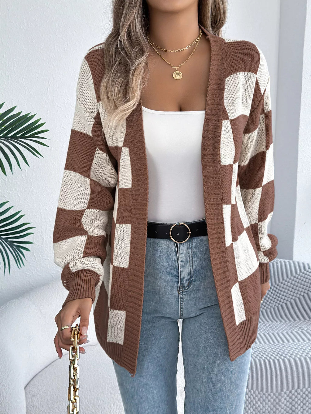 Oversized Checkered Open-Front Knit Cardigan