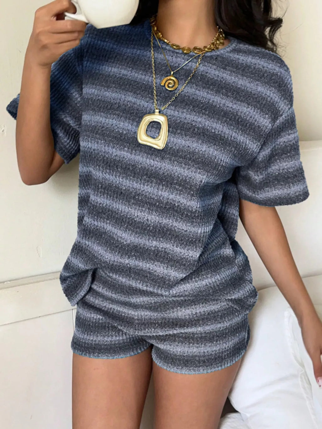 Striped Textured Knit Top and Shorts Set