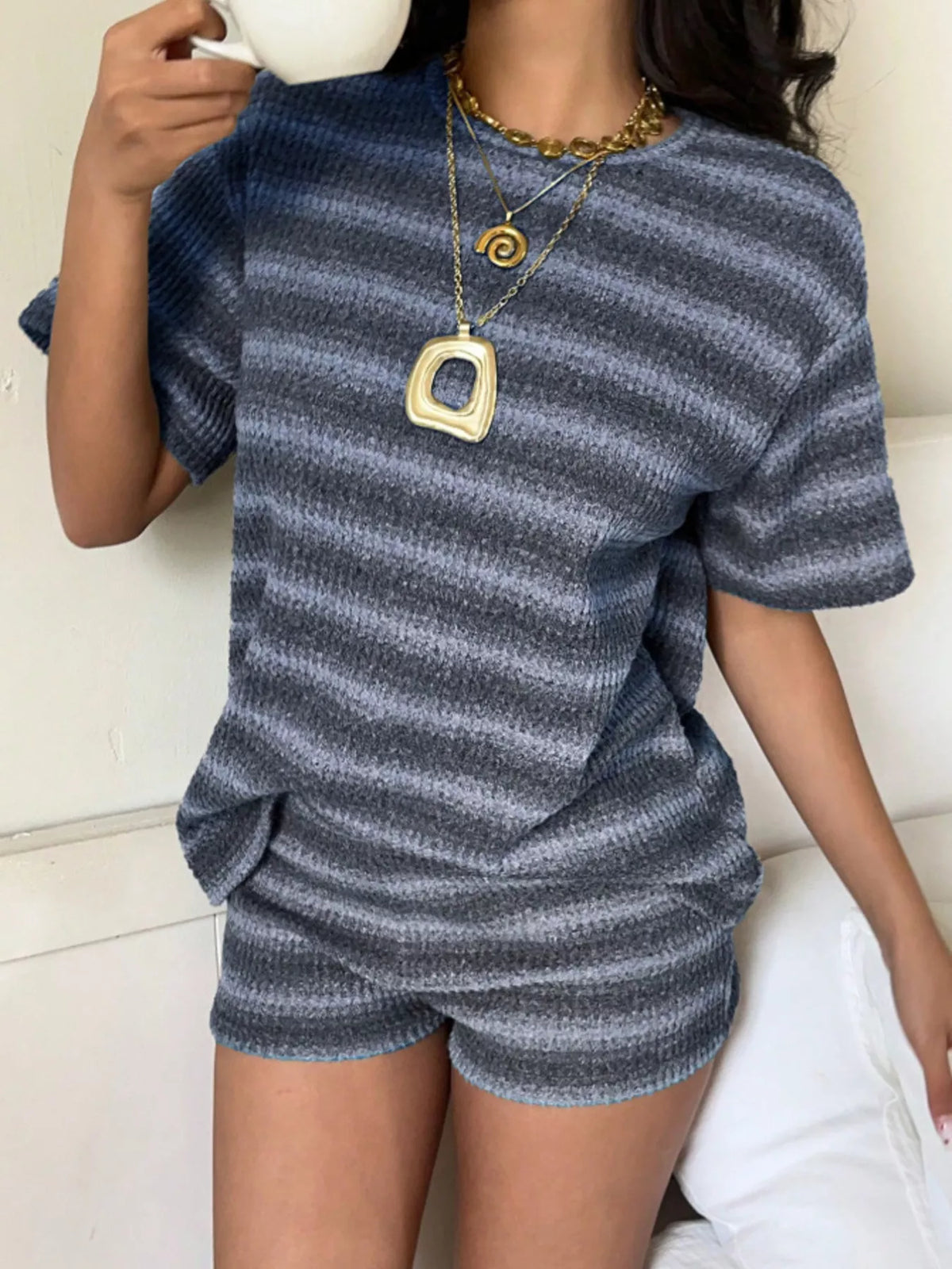 Striped Textured Knit Top and Shorts Set
