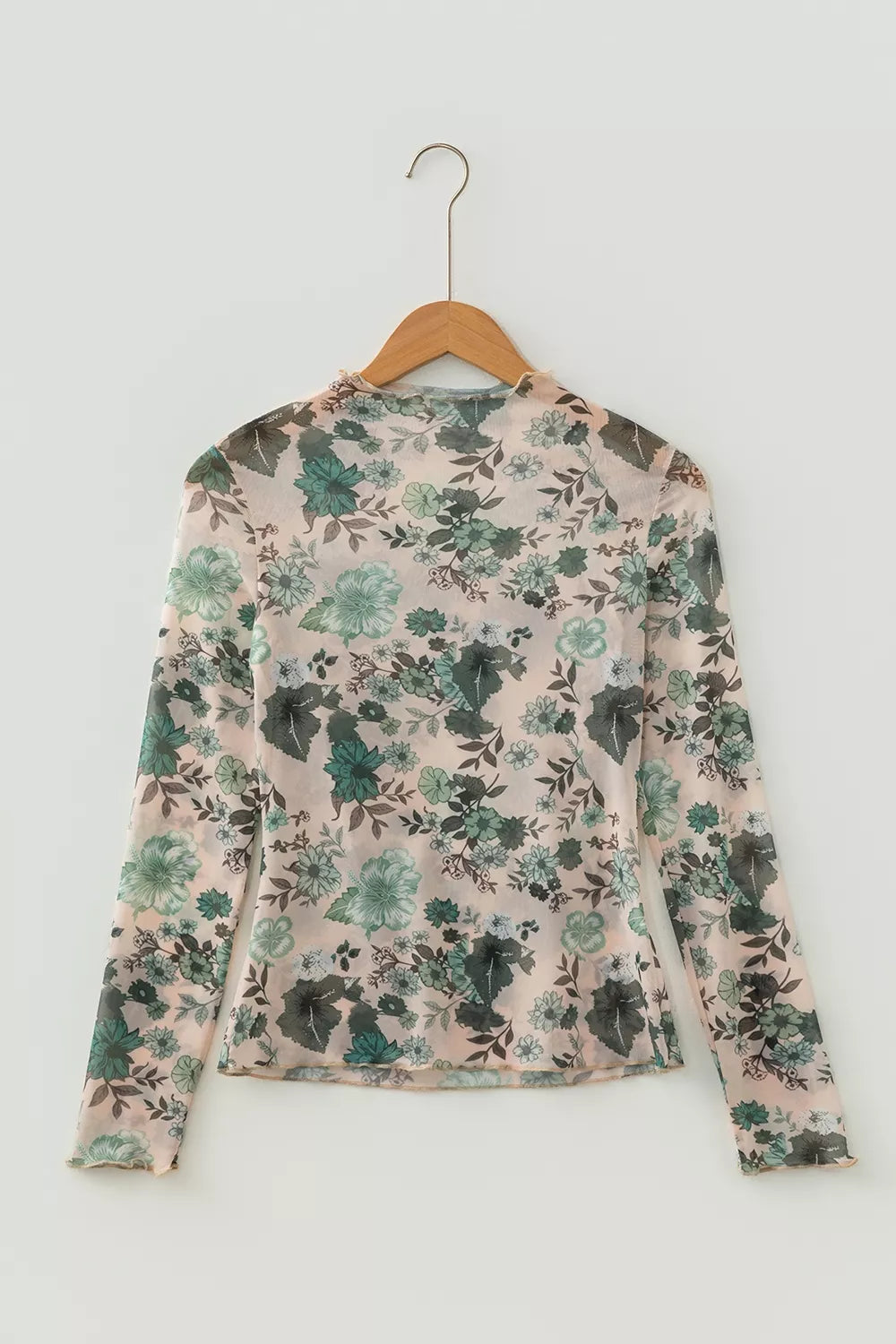 Floral Print Mesh Mock Neck Long Sleeve Top