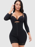 Zip-Up Lace Trim Long Sleeve Shapewear Bodysuit Top