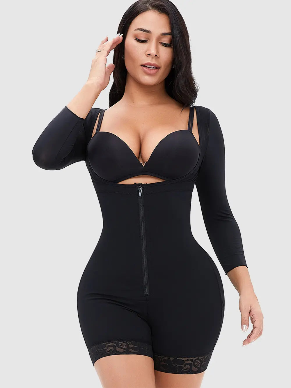 Zip-Up Lace Trim Long Sleeve Shapewear Bodysuit Top