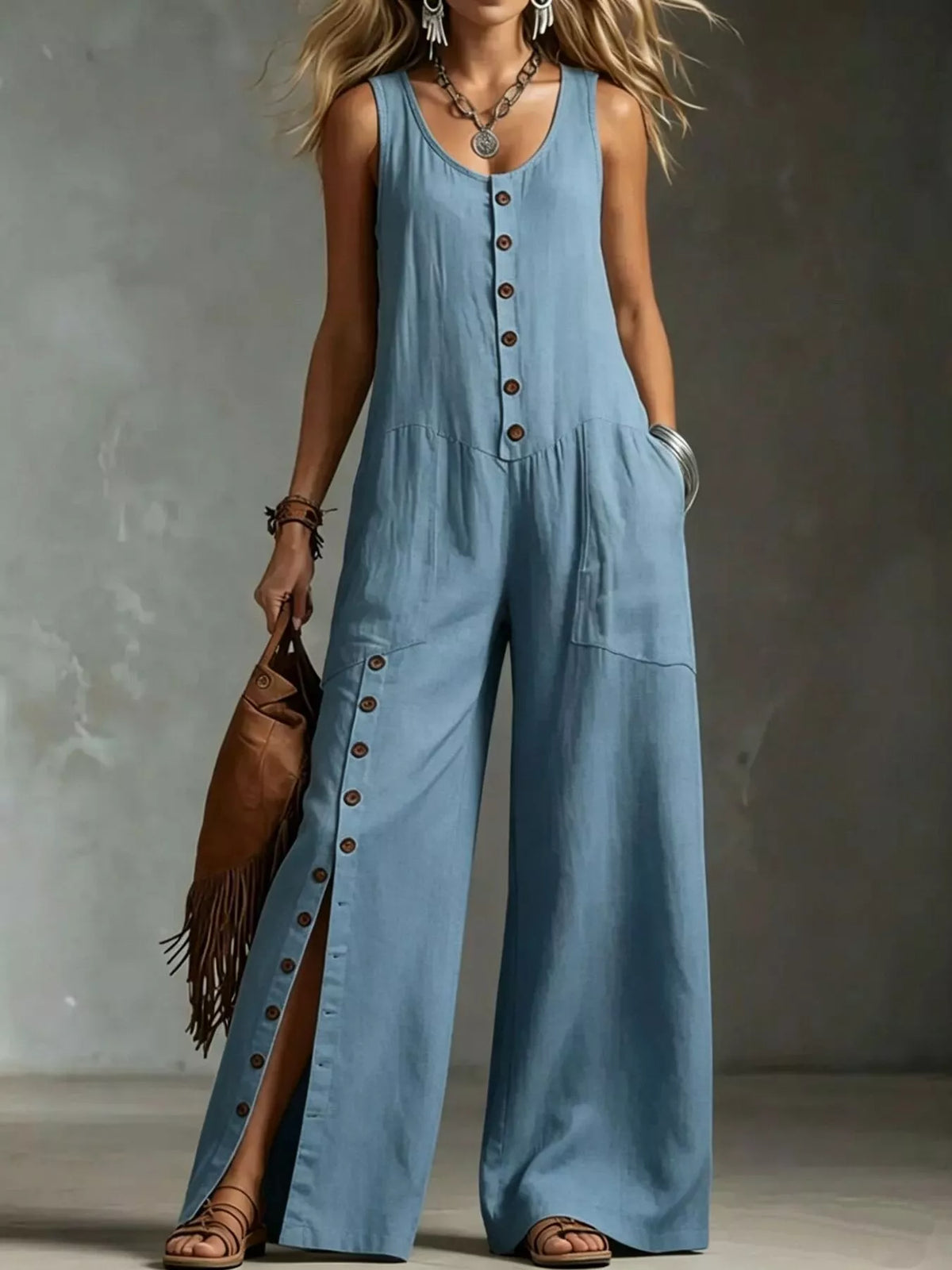 Full Size Sleeveless Button-Down Wide-Leg Jumpsuit Plus Size