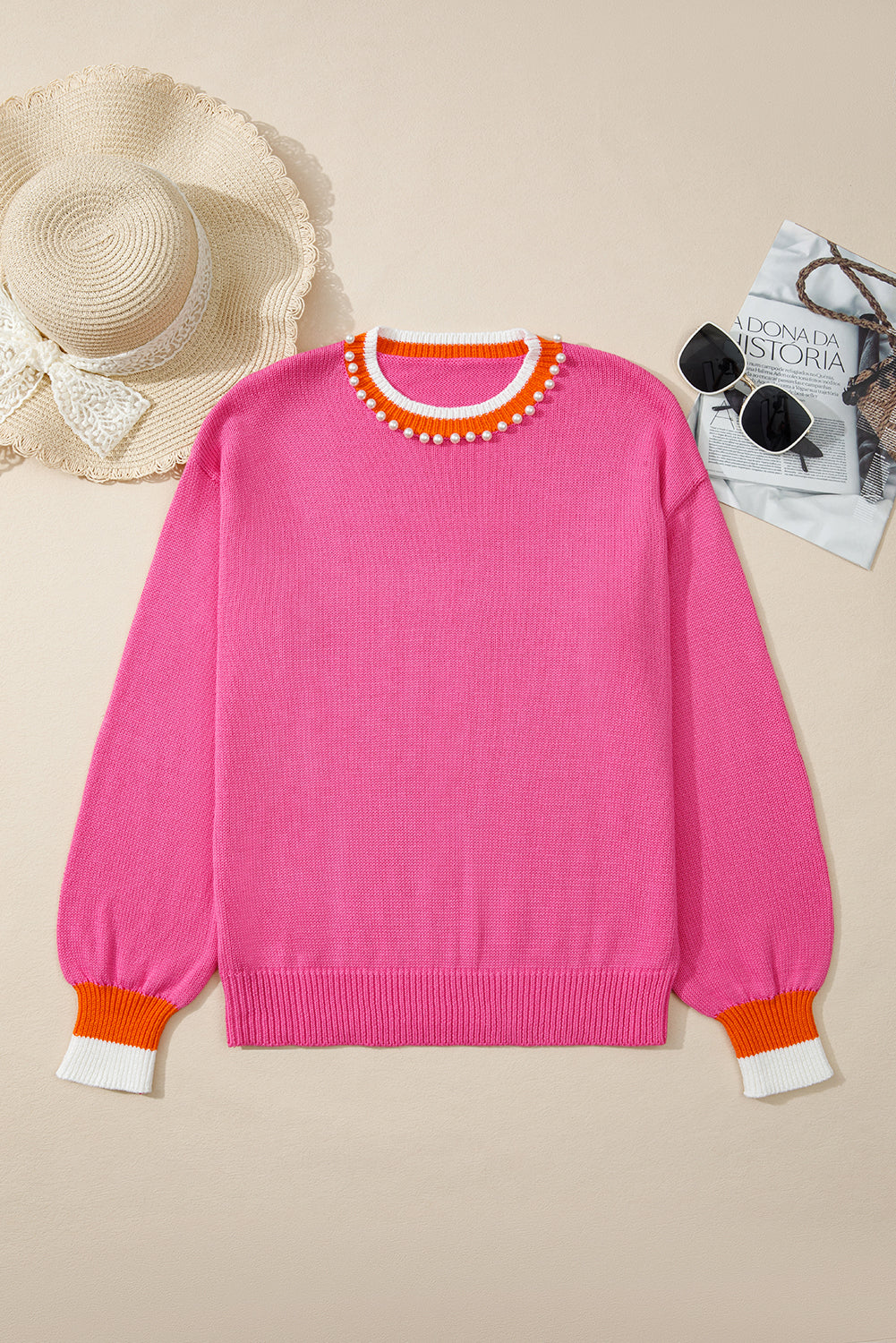 Pearl Contrast Trim Crewneck Drop Shoulder Sweater