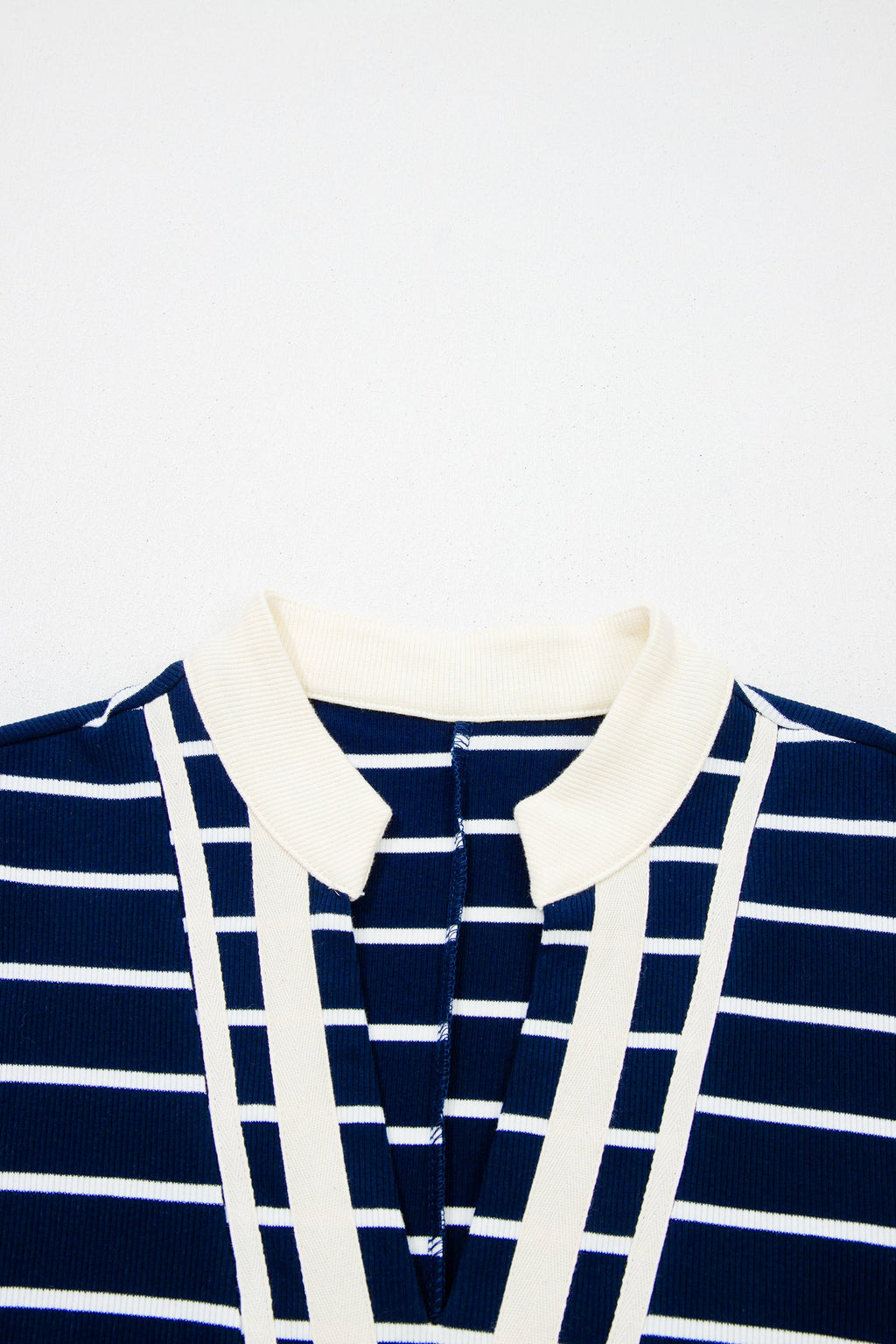 Blue Stripe Stand Collar V Neck Elastic Cuffs Half Sleeve Dolman Top
