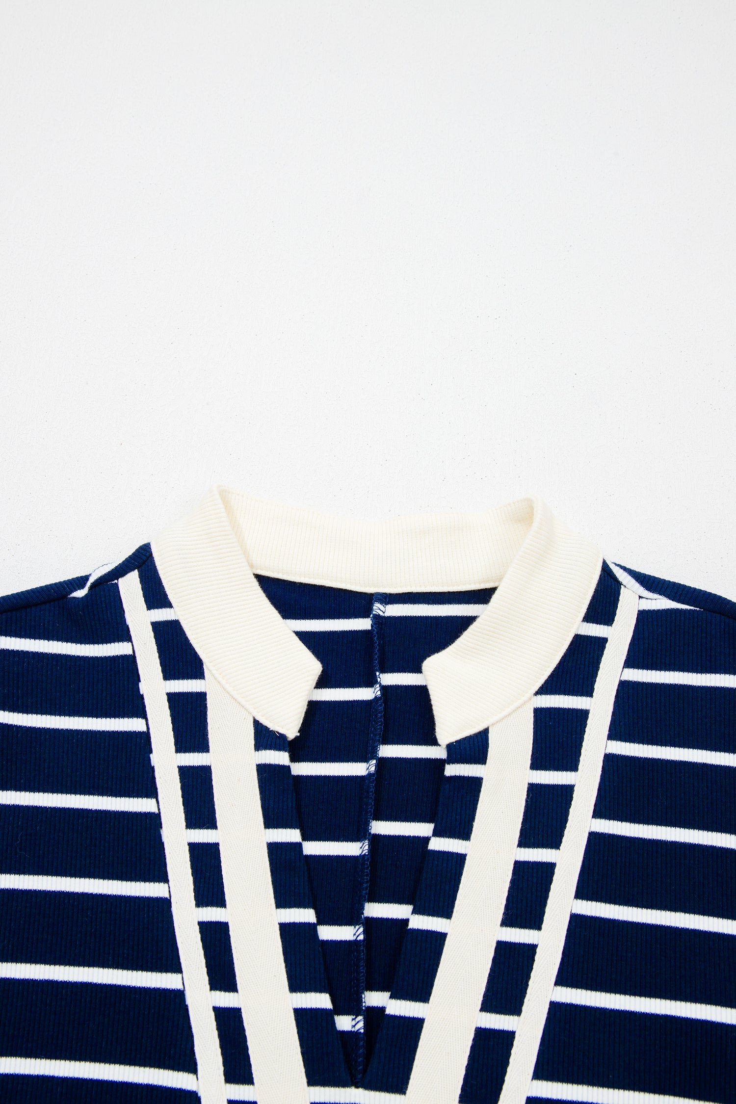 Blue Stripe Stand Collar V Neck Elastic Cuffs Half Sleeve Dolman Top